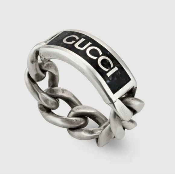 Gucci Jewelry - NEW Gucci Logo Chain Ring 925 Silver Black Enamel Sz 19 IT 8.75 US